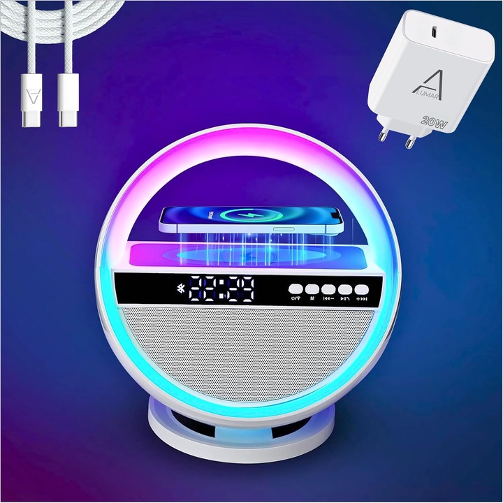 Veioza 6 in 1, RGB, difuzor Bluetooth, radio FM, ceas desteptator, incarcator wireless 15W, design O, dimabil, multicolor