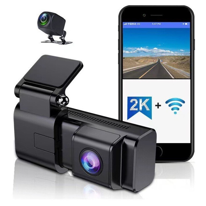 Camera auto DVR, 2K, inregistrare duala fata si spate, Wi-Fi, 170°
