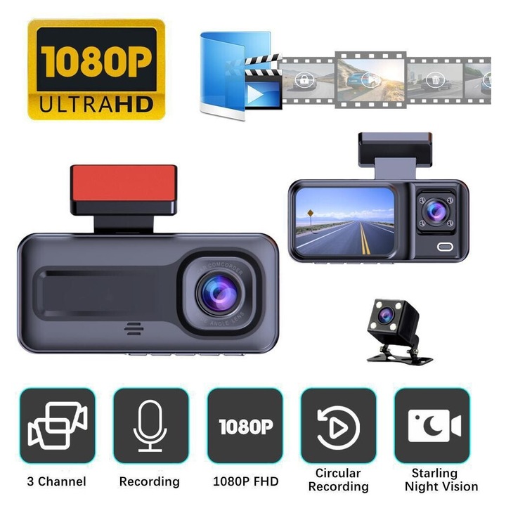 Camera auto DVR 2 inch, 1080P, 3 lentile, noapte, WiFi