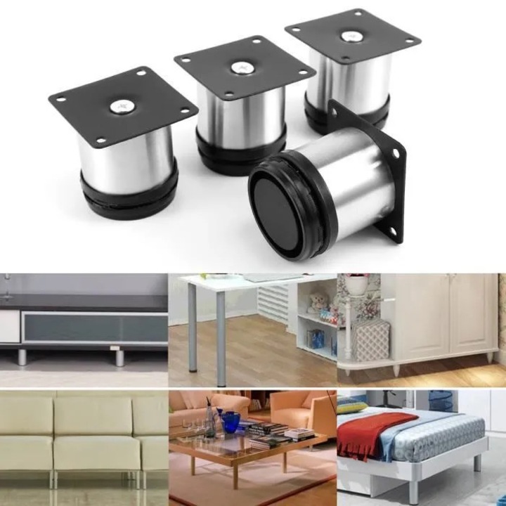 Set de 4 picioare reglabile din otel inoxidabil, rotunde, 5 cm diametru, 60 mm inaltime