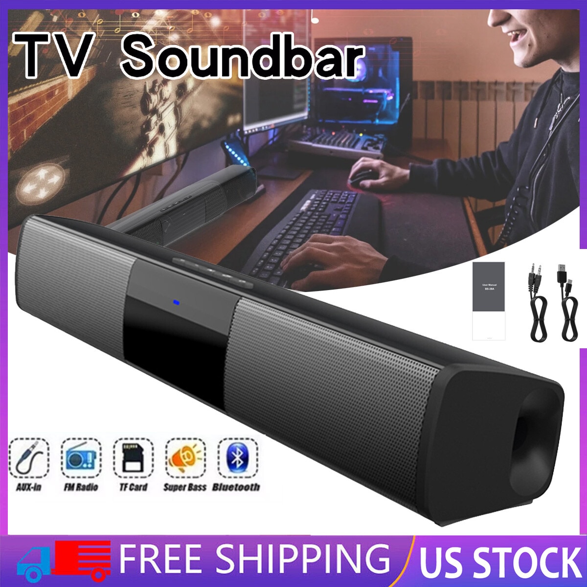 Soundbar Home Theater, 2 difuzoare, sunet surround 3D, negru, set complet