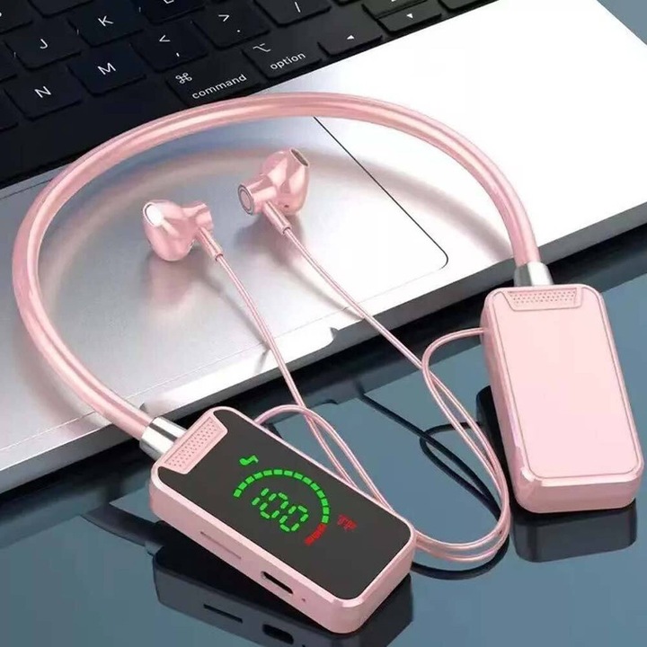 Casti wireless live streaming cu display, negru, design neckband, tehnologie Bluetooth