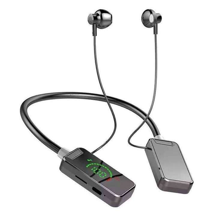 Casti wireless live streaming cu display, negru, design neckband, tehnologie Bluetooth