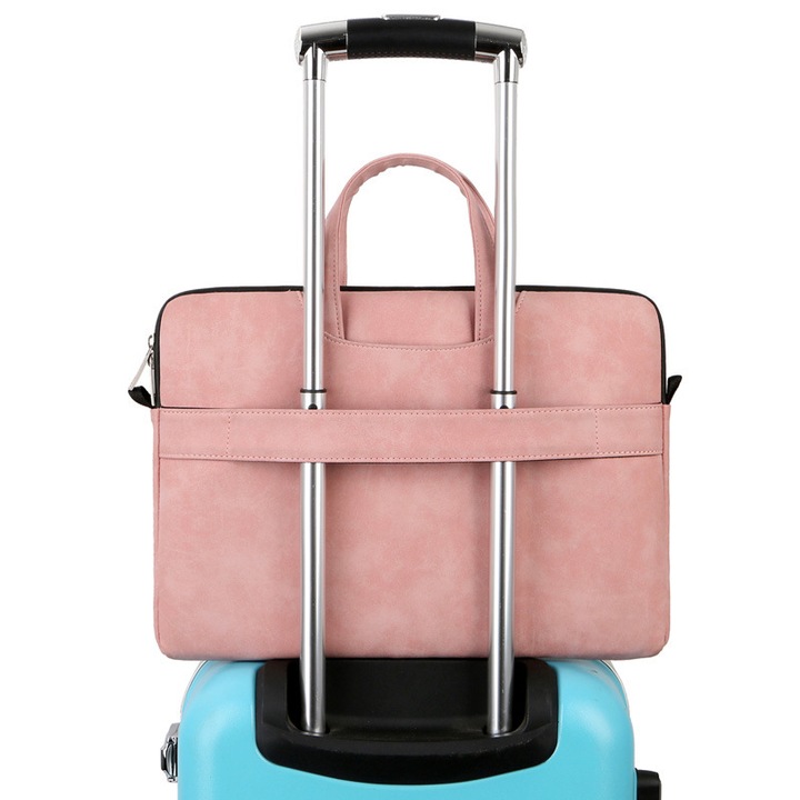 Geanta laptop din piele, 14 inch, design elegant, cu doua buzunare, culoare solida