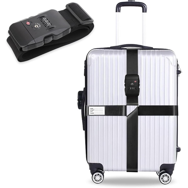 Curea de bagaj cu lacat TSA, ajustabila, eticheta de bagaj, pentru valize de 20-32 inch, neagra