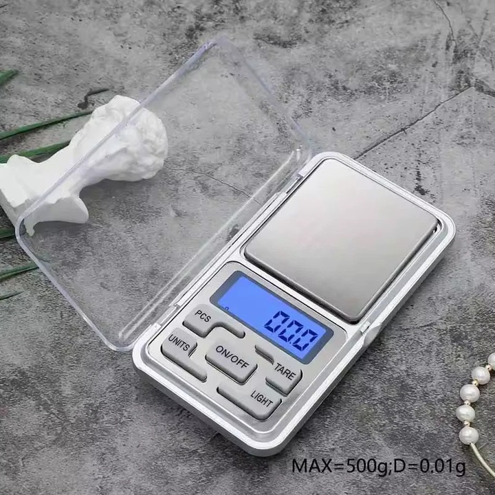 Cantar electronic de buzunar, 500g/0.01g, design compact, pana din otel inoxidabil, display LCD cu iluminare albastra