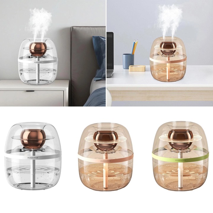 Umidificator transparent alb, capacitate 2L, 3 orificii de vaporizare, dimensiuni 18.5x14.5cm, alimentare USB