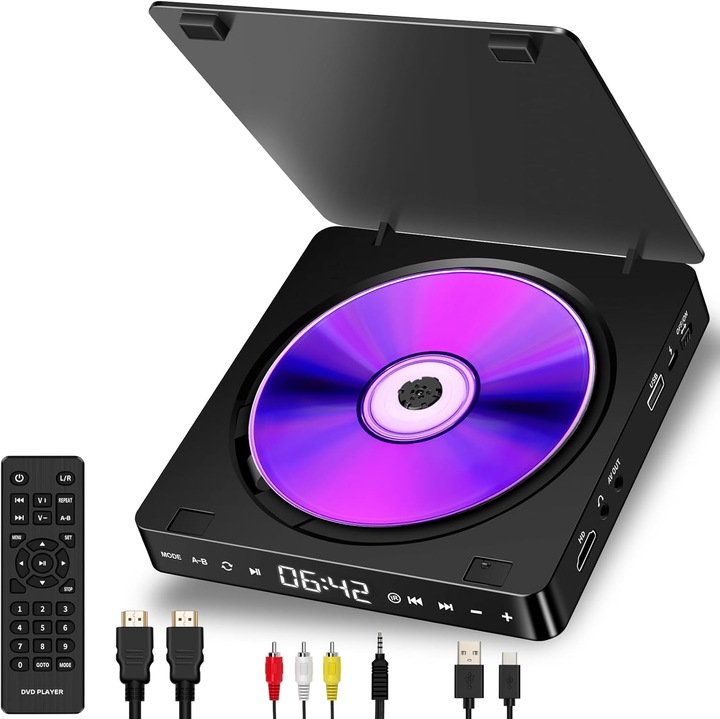 Player DVD portabil, Full HD 1080P, iesire HDMI, suporta MP3 si MP4, design usor