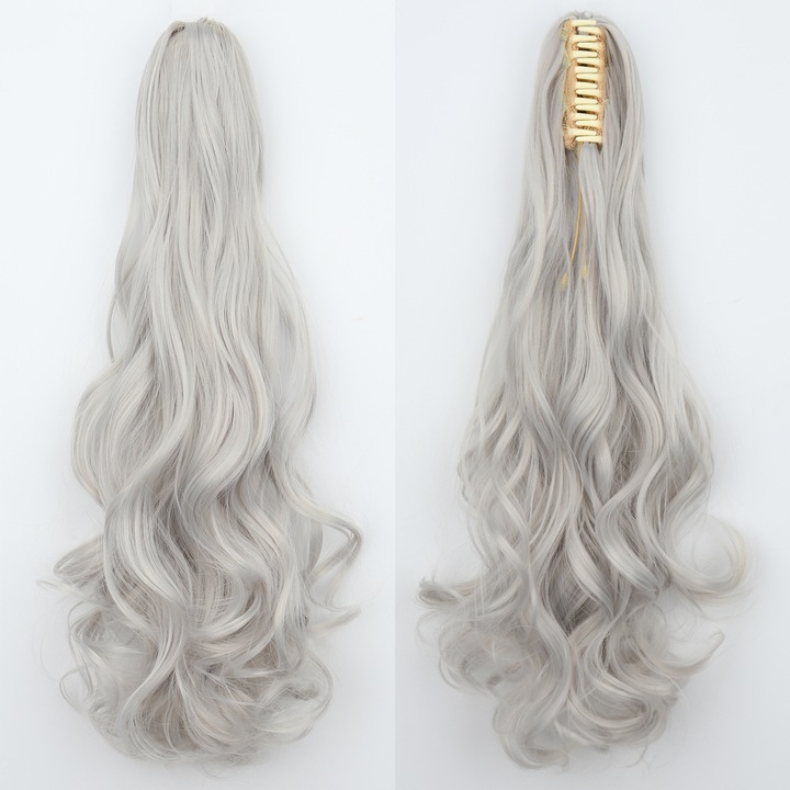 Extensii de par clip-on pentru coada de cal, gri deschis, din fibra sintetica, reutilizabile, rezistente la caldura