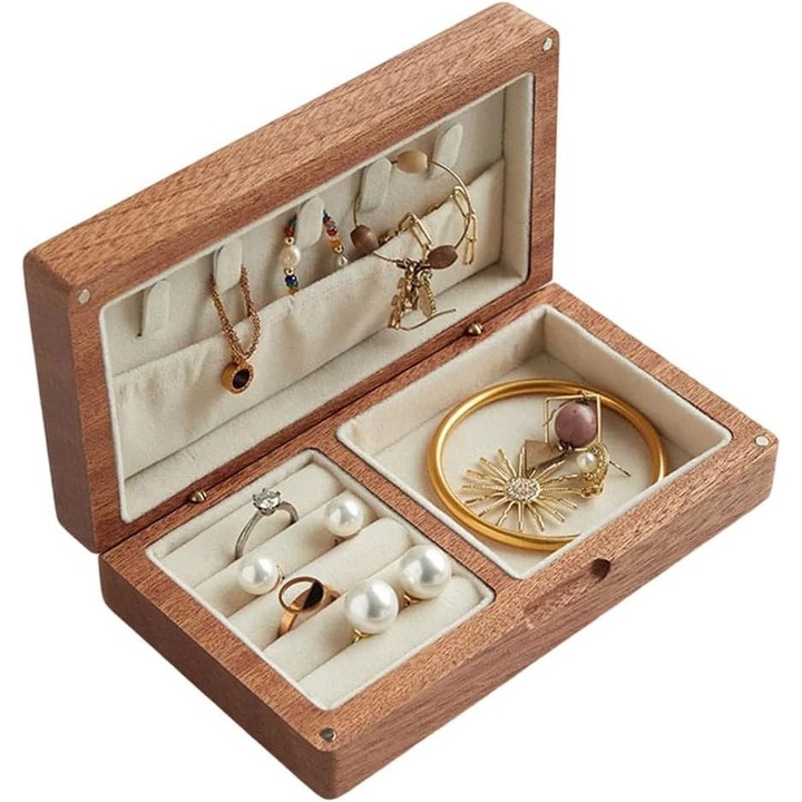 Cutie bijuterii din lemn masiv, design vintage, 24x15x6cm, culoare nuc inchis