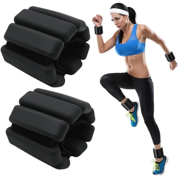 Set de doua bratari ajustabile pentru incheieturi/glezne, activitati sportive, negru, dimensiune medie