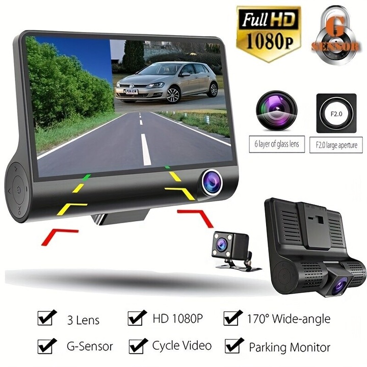 Camera auto DVR cu 3 canale, 1080P full HD, ecran IPS, detectie miscare, monitorizare parcare