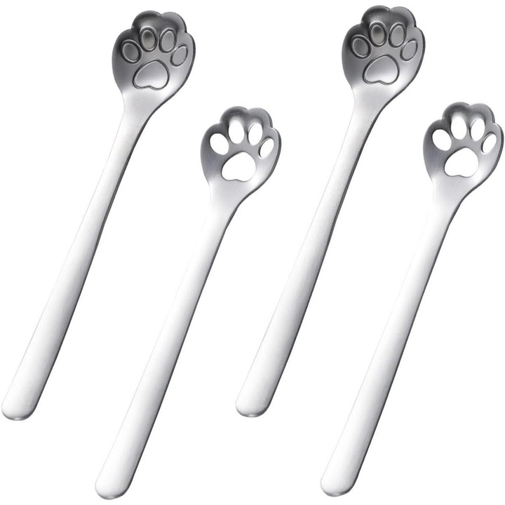Set de linguri din inox in forma de labuta de pisica, 4 piese, 14.7cm, argintiu