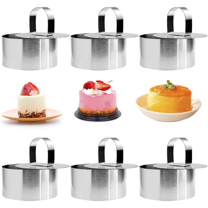 Set 6 forme prajituri din otel inoxidabil, cu manere, 8x3.8cm, argintii