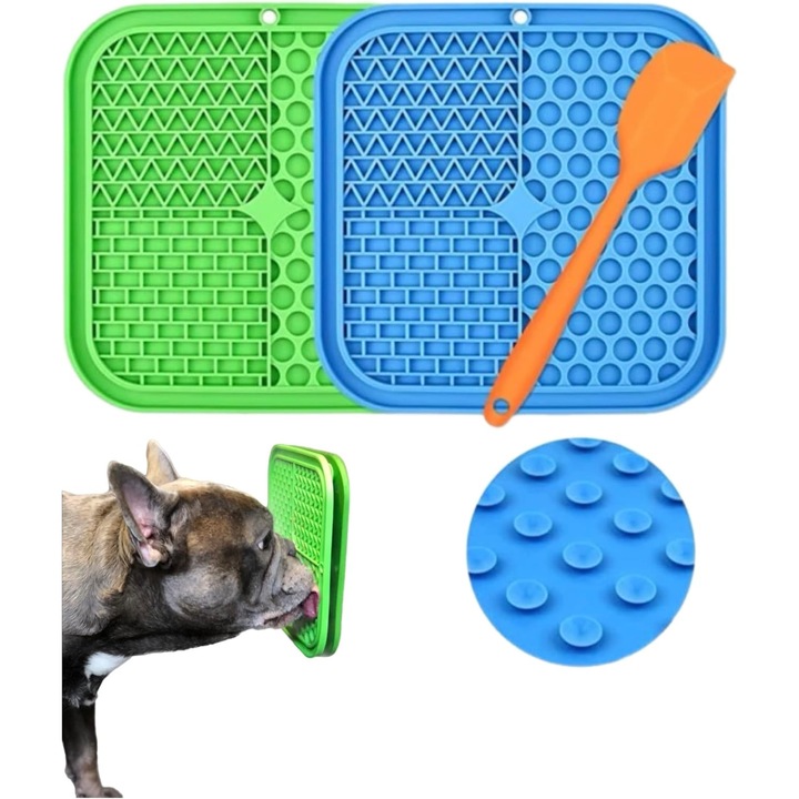 Tavita pentru lins caini, set de 2, cu ventuze, din silicon, rezistenta la apa, albastru-verde, 25x25cm