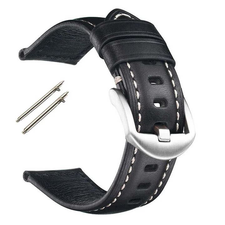 Curea de ceas din piele naturala, neagra cu catarama argintie, 22mm, set curea de inlocuire