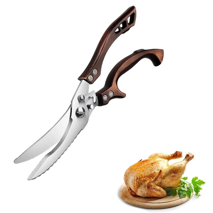 Foarfeci bucatarie, otel, design ergonomic, utilizare variata, culoare lemn