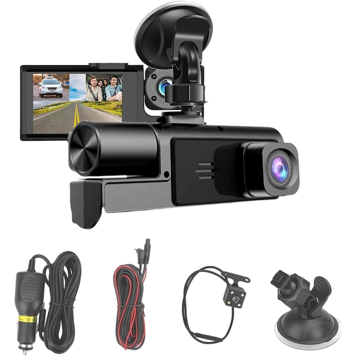 Autós kamera DVR, BOMSTOM, HD 1080P, tripla, éjjellátó, fekete, 2 hüvelyk