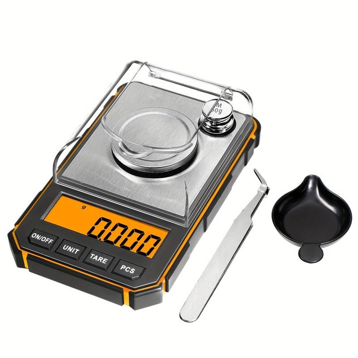 Cantar electronic, 50g, precizie 0.001g, multifunctional, display LCD, set cu greutate de calibrare 50g