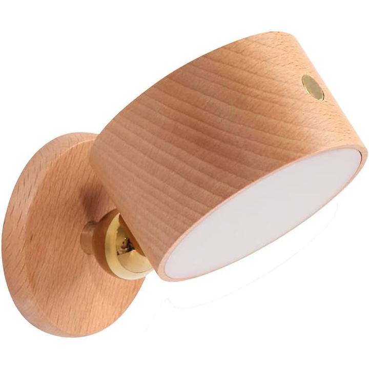 Veioza de perete LED, lampa wireless cu port de incarcare USB, baterie reincarcabila, bila magnetica rotativa 360, dimabila, control tactil, beech