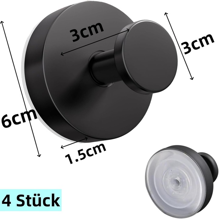 Suporturi de baie, set de 4 carlige cu ventuza, inox 304 si aliaj de aluminiu, rezistente, 6x4.4cm, negru