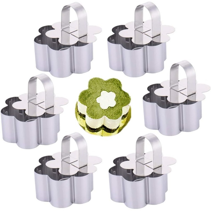 Set 6 forme prajituri din otel inoxidabil, 8x3.8cm, cu manere, argintii