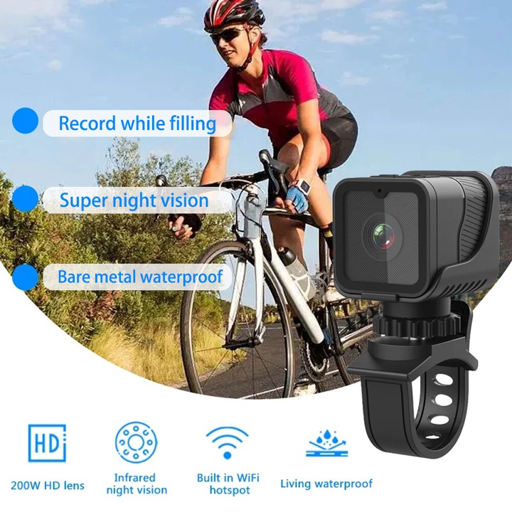 Camera video sport compacta, Full HD 1080P, neagra, cu suport WiFi, set complet