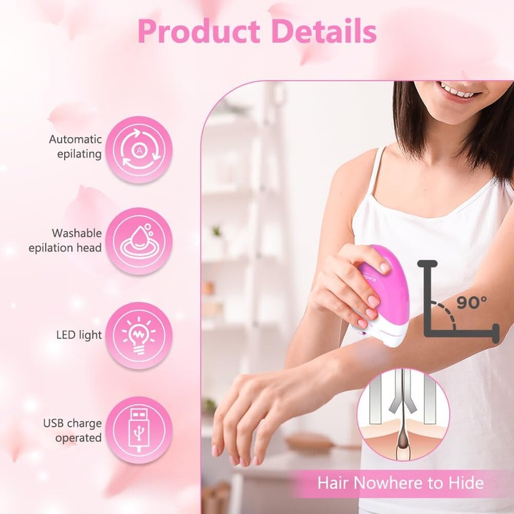 Epilator electric cu lumina LED, mini, portabil, pentru indepartarea parului de pe fata, brate, picioare si axile, roz