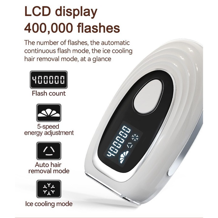 Dispozitiv epilator IPL, tehnologie cu efect de gheata, 400.000 de flash-uri, 5 niveluri de energie, utilizare pentru fata, corp, set