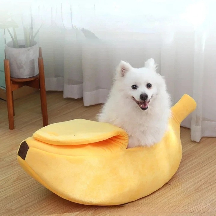 Culcus pentru animale in forma de banana, 3D, catifea cristalina, 50x40cm