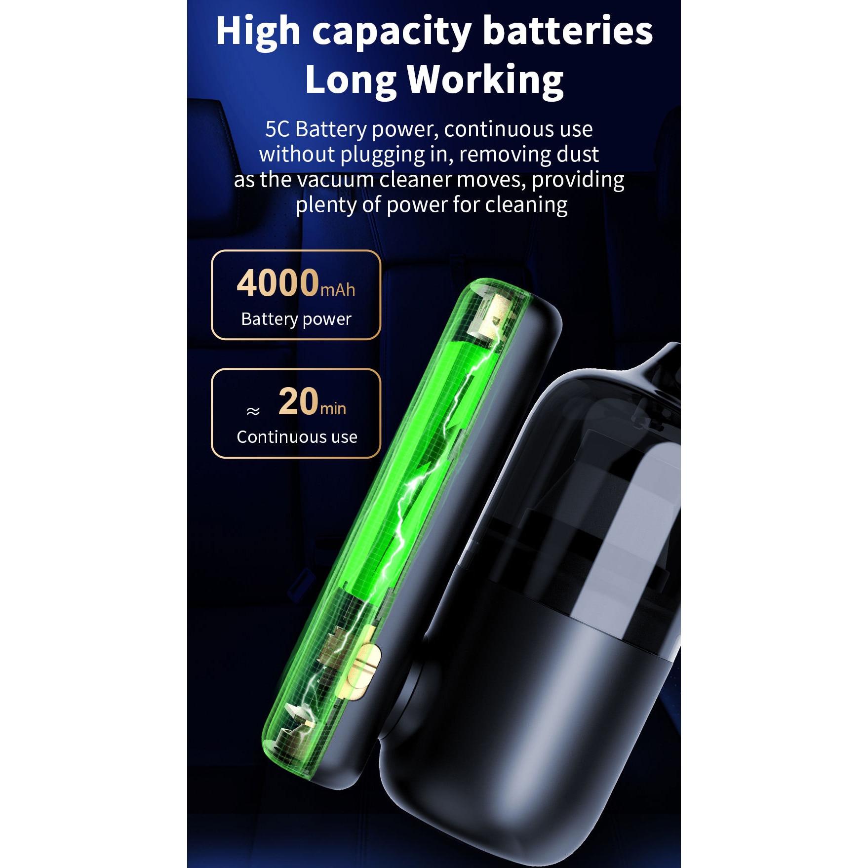 Aspirator auto multifunctional, 5600pa, 4000mAh, fara fir, 21x9x5.5cm, set cu cablu USB si manual de instructiuni