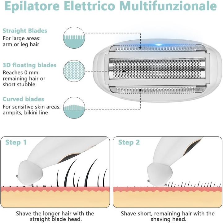 Elektromos epilátor nőknek / 5 az 1-ben borotva, 5 cserélhető fej, IPX7 nedves/száraz használatra, fehér, 1 szett