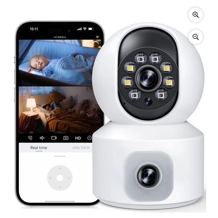 Bébiőr videó két kamerával, Wi-Fi, kétirányú hang, éjjellátó, fehér