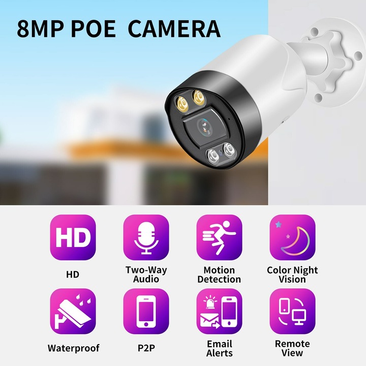 Camera de supraveghere 8MP 4K, noapte color, audio bidirectional, impermeabila, PoE