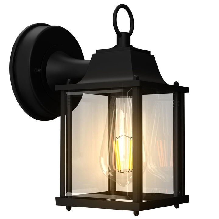 Aplica exterioara, neagra, din metal, cu sticla securizata, design modern, 100W, pentru terasa, usa de intrare, garaj