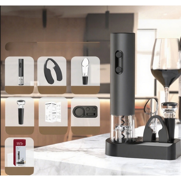 Set tirbusoane electric cu suport, cutter folie, decantor, 4 baterii AA, 100 sticle, multicolor