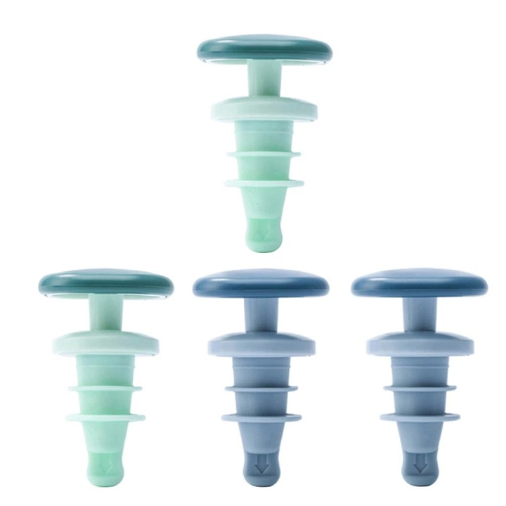 Set 4 dopuri de silicon pentru sticle, verde si albastru, 6.50x3.70cm