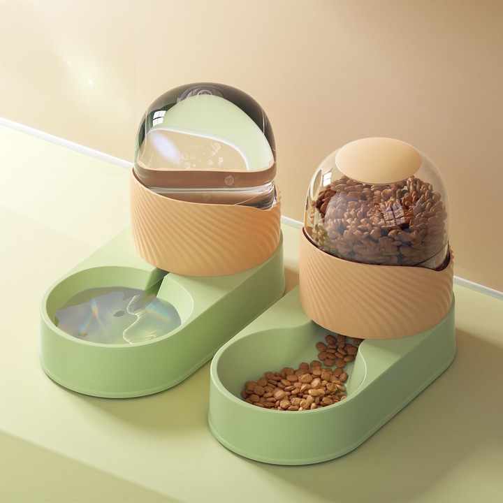 Set 2-in-1 Dispenser Automata de Mancare si Apa pentru Pisici si Caini Mici, Alb si Portocaliu