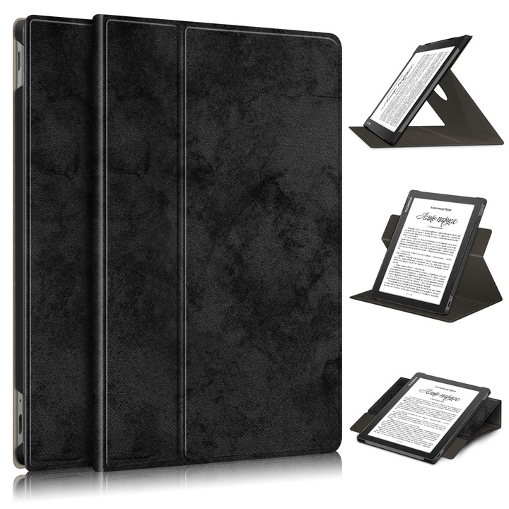 Husa de protectie pentru PocketBook InkPad Lite PB970, piele ecologica, rotire 360°, neagra