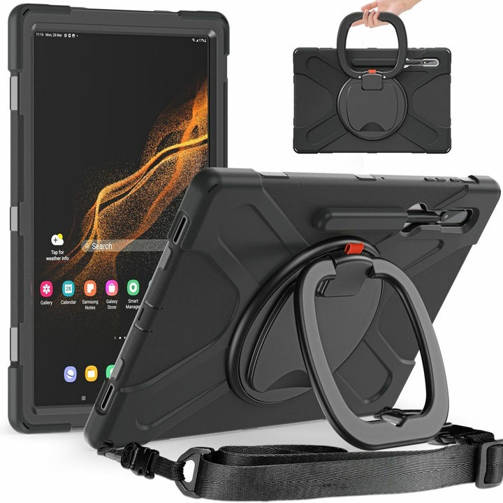 Husa tableta 360°, neagra, pentru Samsung Galaxy Tab S10/S9/S8 Ultra, setabila, 8.7"