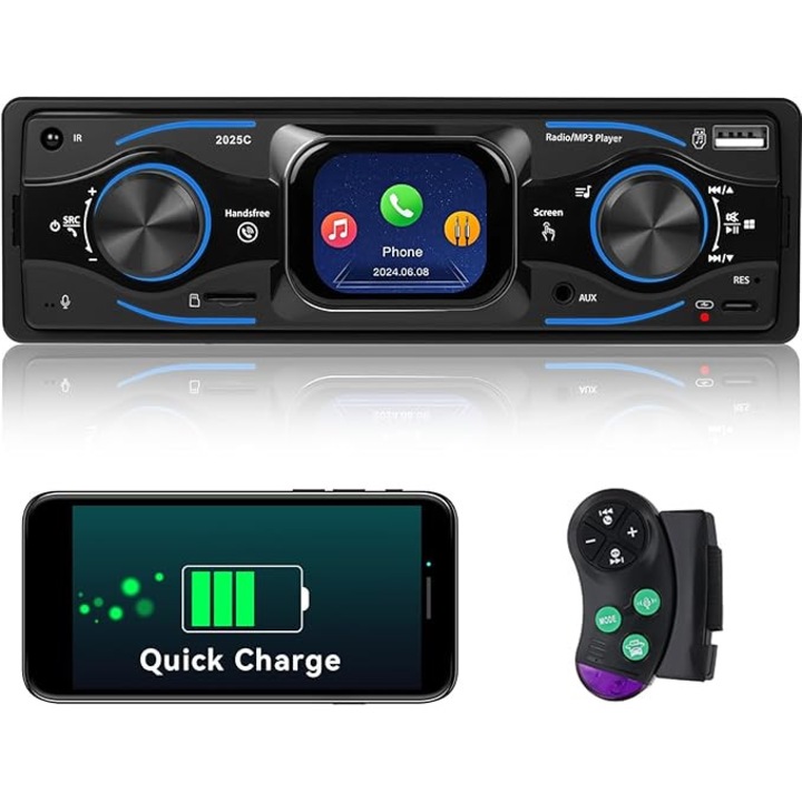 Radio auto Bluetooth single-DIN, suport apeluri hands-free, USB/Type-C/FM, 178x50mm