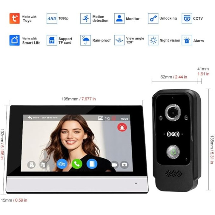 WiFi videó kommunikációs rendszer, 1080P videókamera, színes kijelző, 7 hüvelykes érintőképernyős kaputelefon, mozgásérzékelő, RFID kártya, szett