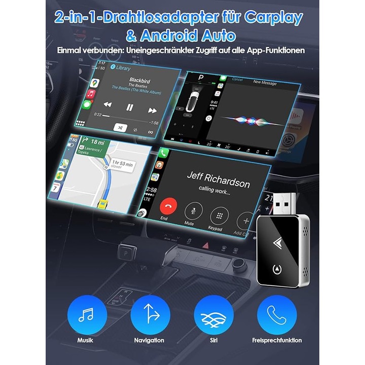 Adaptor wireless 2-in-1 CarPlay si Android Auto, conectivitate stabila, 5.8 GHz, 56g