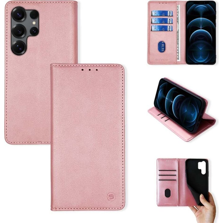 Husa telefon Sonique Vintage Magnet Wallet, 3 compartimente pentru carduri, 1 compartiment mare, roz, pentru Samsung Galaxy S25 Ultra