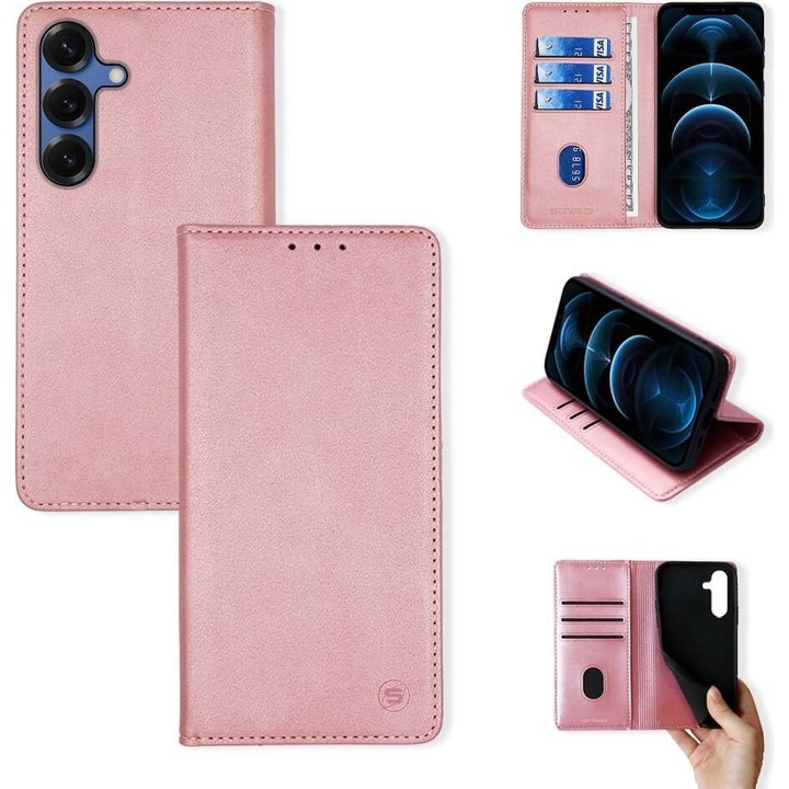 Sonique Theke Portofel Vintage Magnet pentru Samsung Galaxy S25 Plus, 3 compartimente pentru carduri, roz, dimensiuni variate
