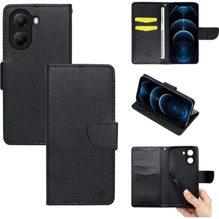 Husa telefon Trend Book Sonique, 2 compartimente pentru carduri, 1 compartiment mare pentru documente, negru, pentru Xiaomi Poco X7 Pro 5G