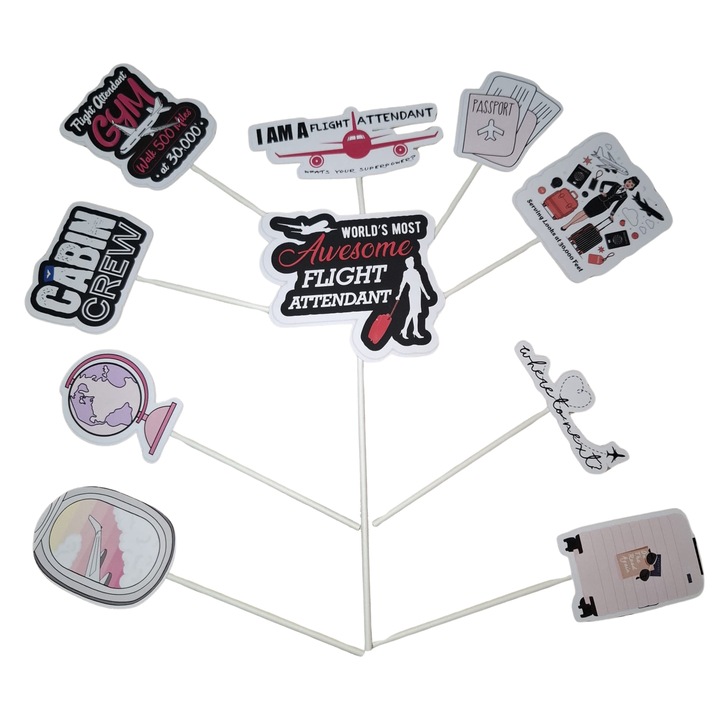 Decoratiune topper tort carton, tematica stewardesa, aniversare - 10 piese