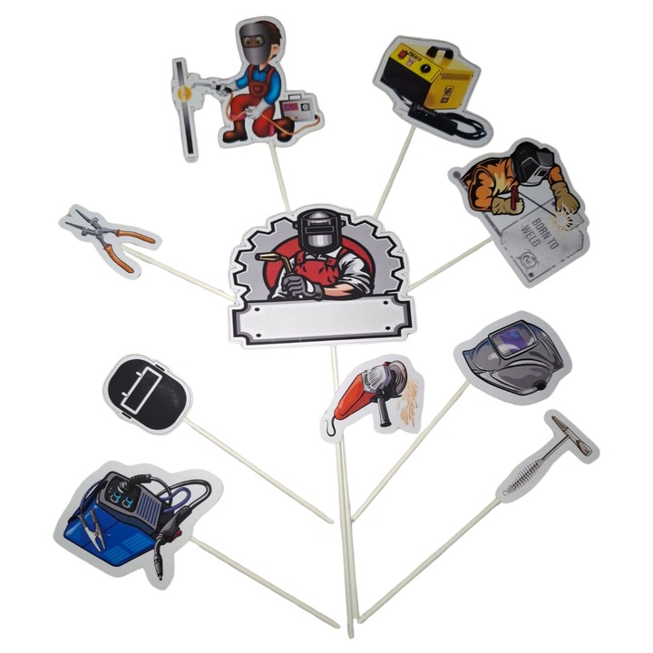 Decoratiune topper tort carton, tematica sudor, aniversare - 10 piese