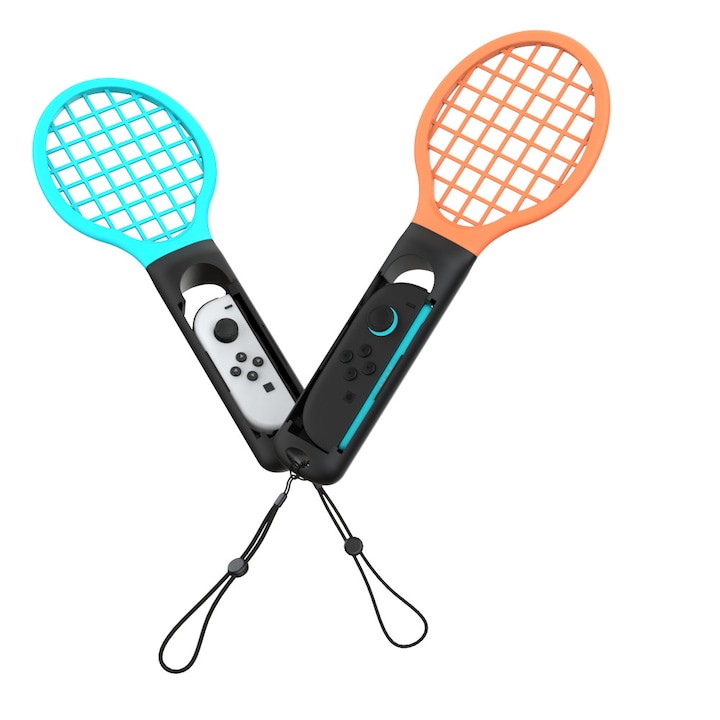 Set rachete de tenis pentru Joy-Con Nintendo Switch / Switch 2, YAXO, Tennis Pro Set, 2 bucati, Design ergonomic, Compatibil si cu Switch OLED, Portocaliu inferno si Albastru hydro