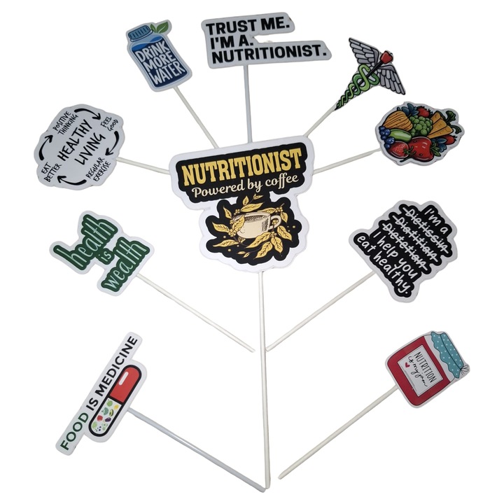 Decoratiune topper tort carton, tematica nutritionist, aniversare - 10 piese